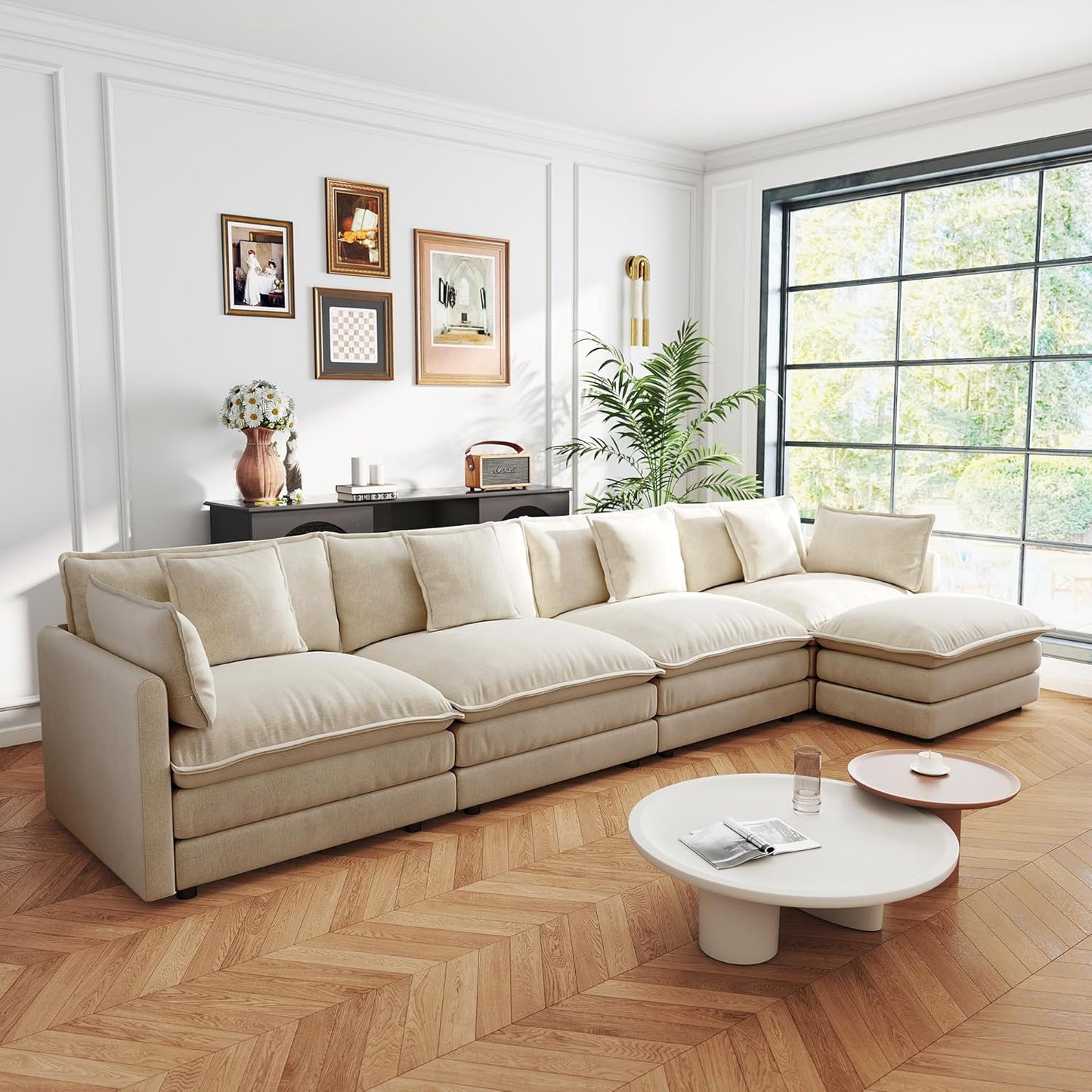 Sectional Sofa 4 Seater with Movable 1 Ottoman,Oversized Modular Couch Deep Seat (Light Coffee, 146.5 inch-L)