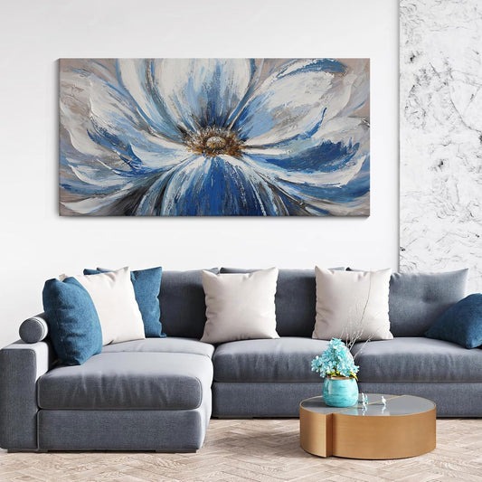 Flower Canvas Wall Art for Living Room Large White Blue Flower Picture Giclee Print Painting Wall Decor Framed Artwork Ready to Hang for Home Bedroom Wall Decoration Size 24x48
