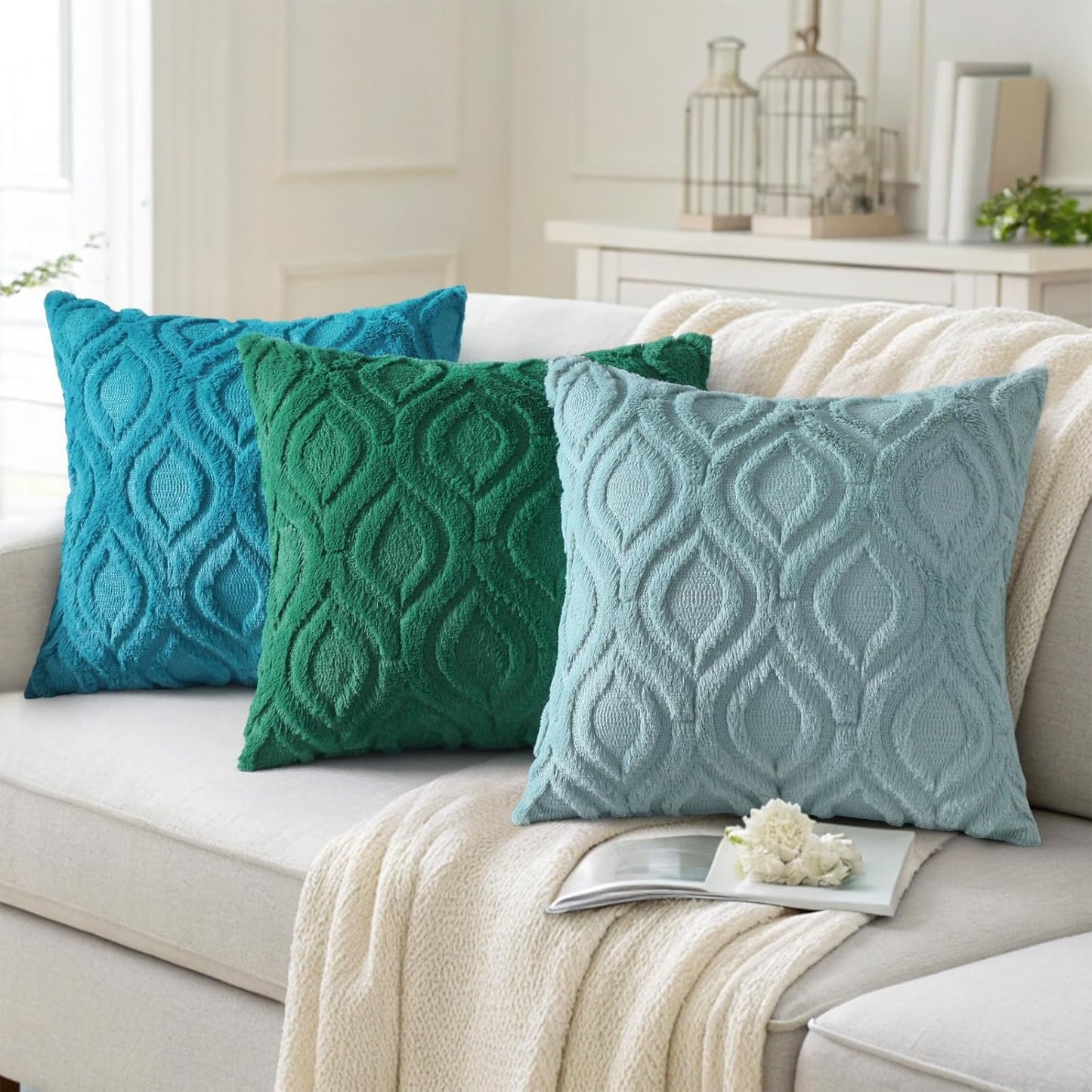 decorUhome Fall Throw Pillow Covers 22x22 Inch Set of 2, Soft Plush Decorative Faux Fur Aqua Solid Couch Pillow Covers, Accent Farmhouse Neutral Square Euro Pillow Cases for Sofa Bed Living Room