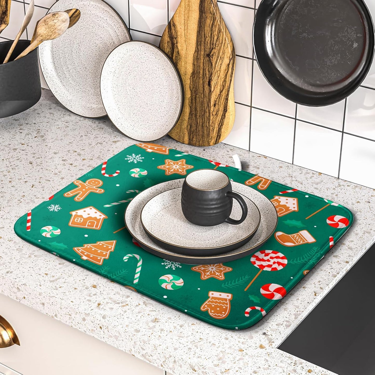 Gingerbread Dish Drying Mat for Kitchen Counter Holiday Green Super Absorbent Reversible Microfiber Kitchen Countertop Protector Dishes Pad Small 16x18 inch