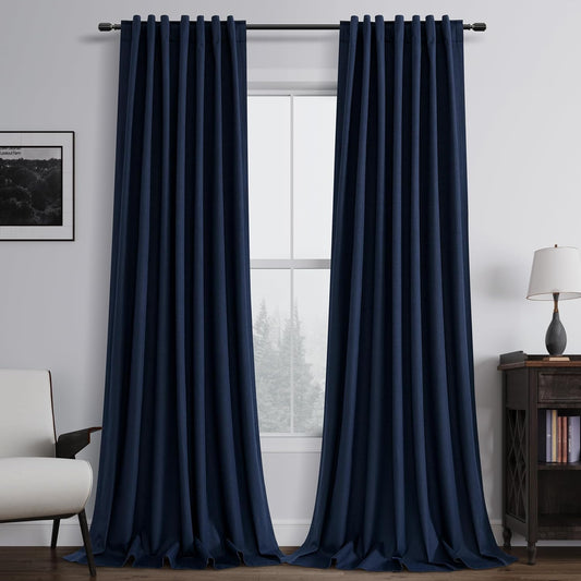 BOODII Room Darkening Curtains Navy Blue Black Out Curtains 96 Inches Long 2 Panels Back Tab Blackout Linen Curtain for Sliding Door Modern Farmhouse Living Room Window Drapes Soundproof 52x96