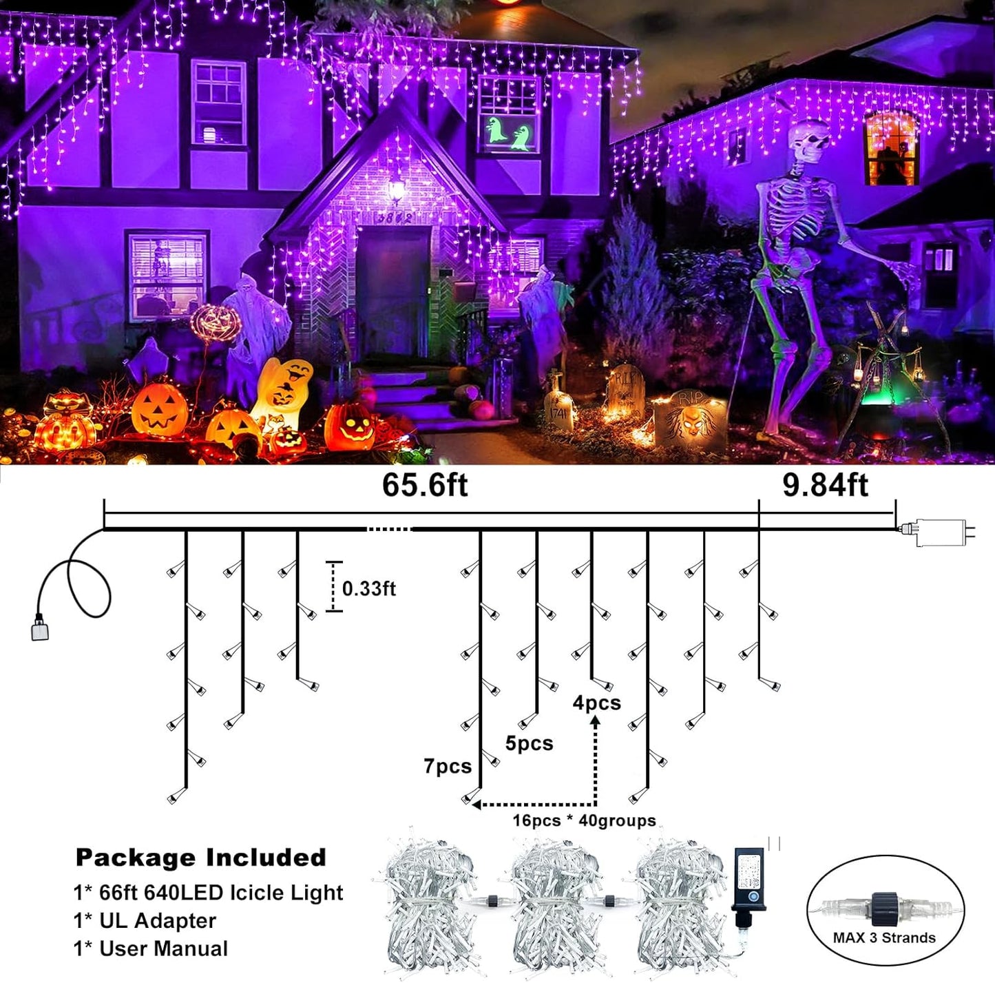 640 LED Purple Halloween Lights Outdoor, 66FT Icicle Lights for Outside with 8 Modes 120 Drops, Waterproof Plug in String Curtain Light for Indoor House Room Patio Party Decorations