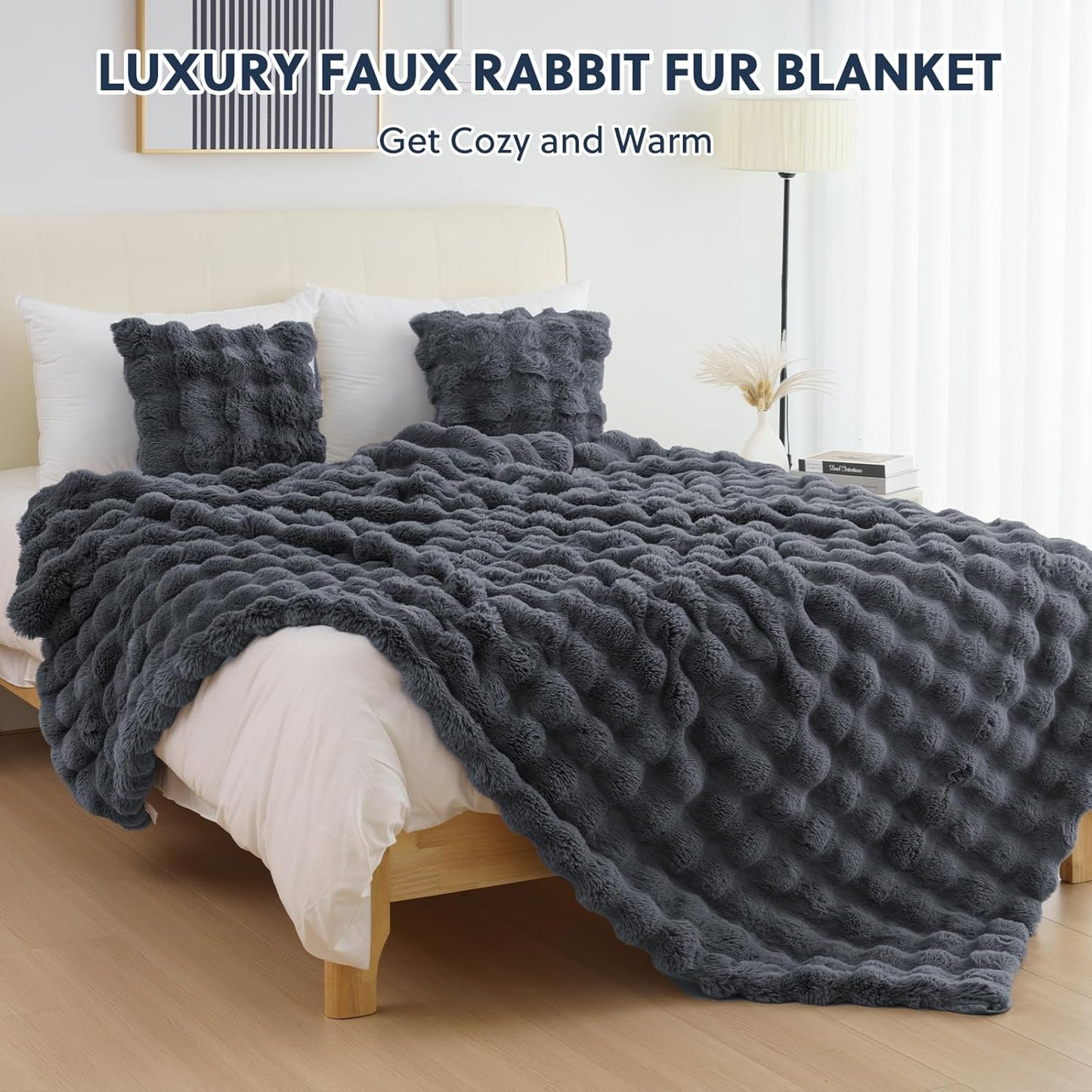 Cozy Faux Fur Throw Blanket for Couch Warm Fuzzy Throw Blanket, Soft Plush Thick Bubble Blankets for Bedroom and Living Room, Furry Luxury Blanket, 50 x 60, Grey