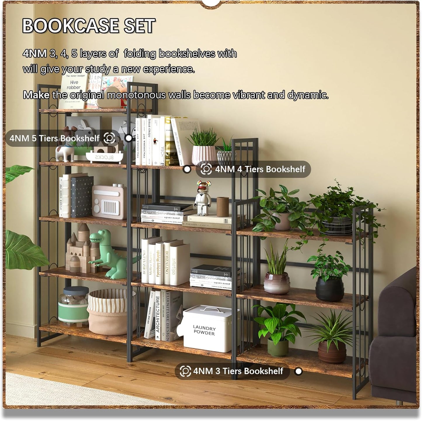4NM No Assembly 5 Tiers Folding Bookshelf, 59.4" H Foldable Storage Shelves Vintage Bookcase Standing Racks Study Organizer Home Office - Rustic Brown Black