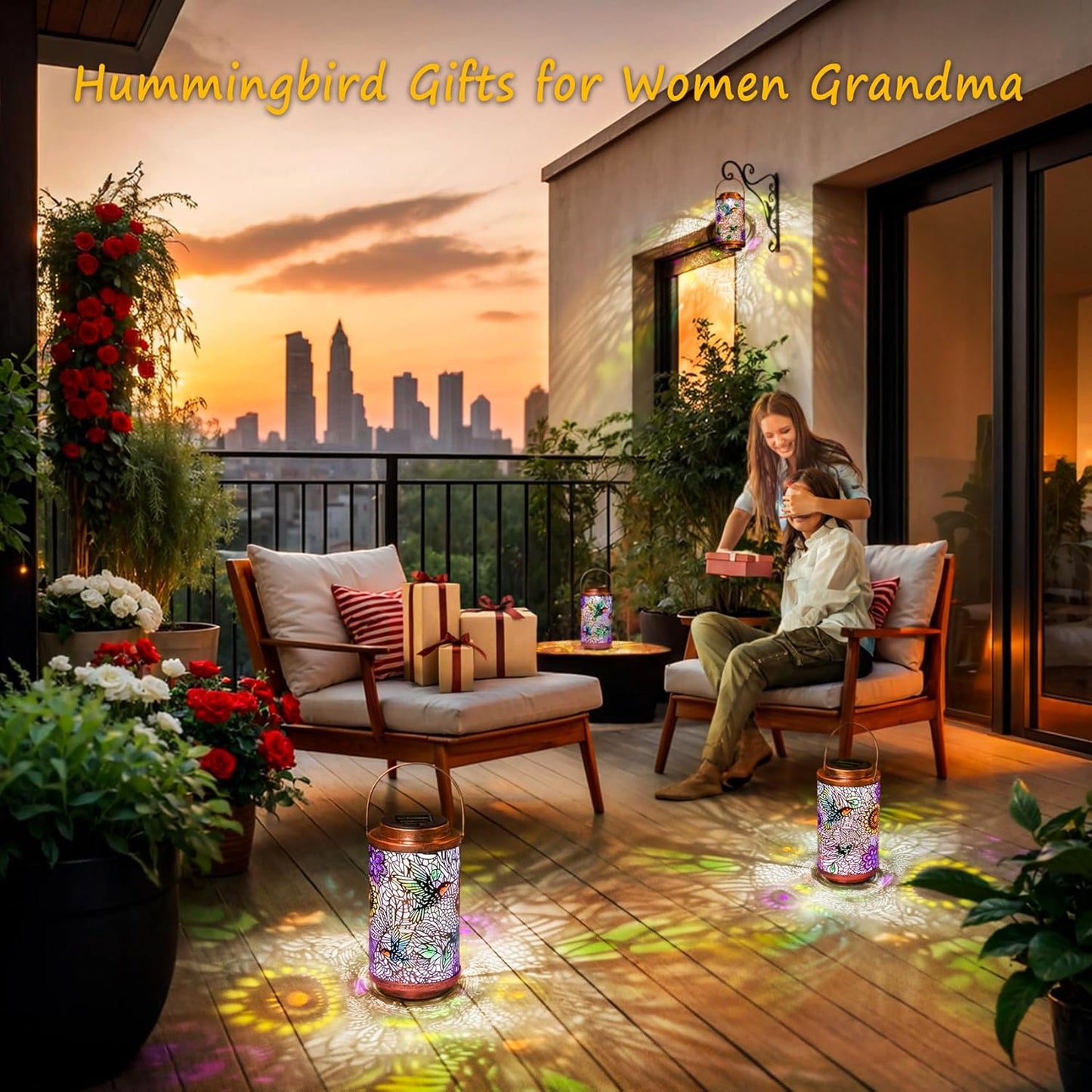 2Pack Solar Lanterns Outdoor Waterproof Hummingbird Colorful Garden Gifts for Mom, Multicolor Solar Lights Lantern for Backyard Garden, Pathway, Outside, Mothers' Day Gifts for Grandma Women