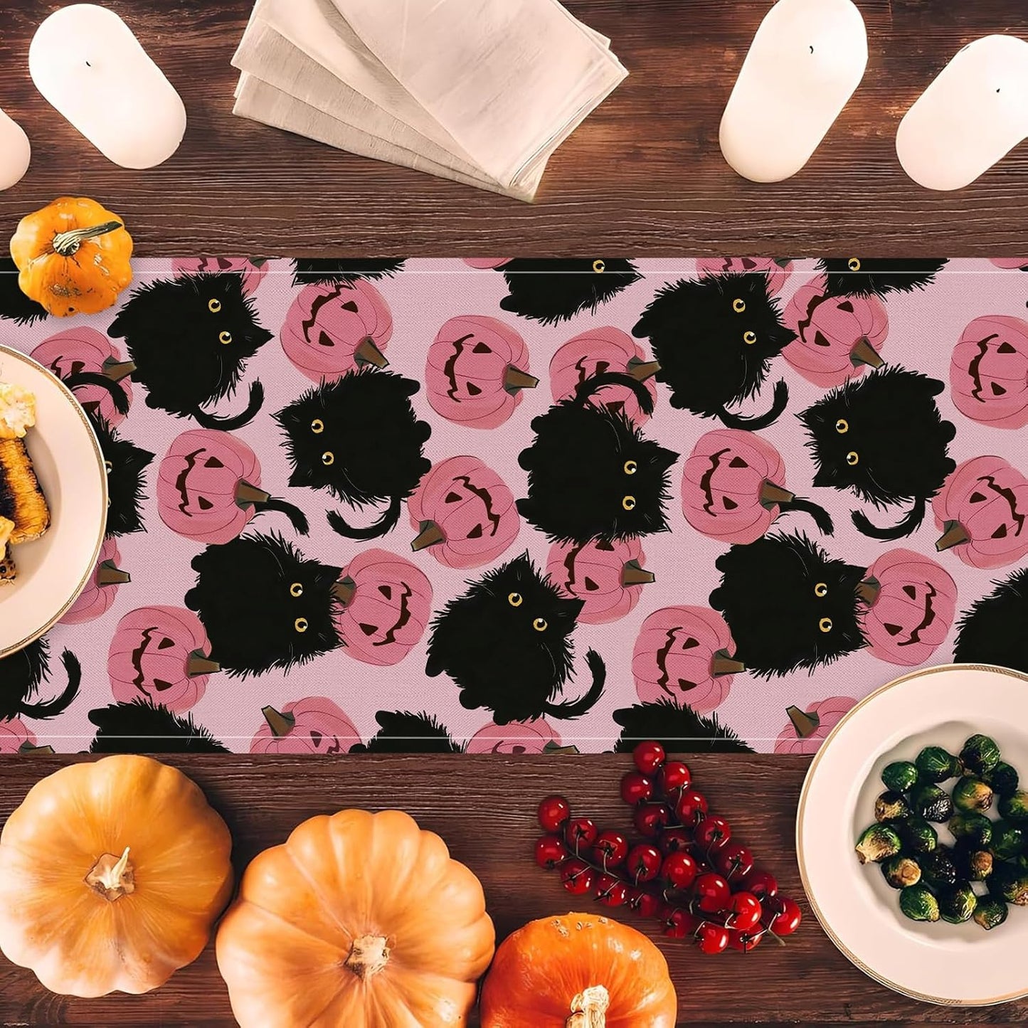 Halloween Table Runner Black Cat Pink Pumpkins Seasonal Kitchen Dining Table Home Outdoor Party Decorations 13x90 Inch