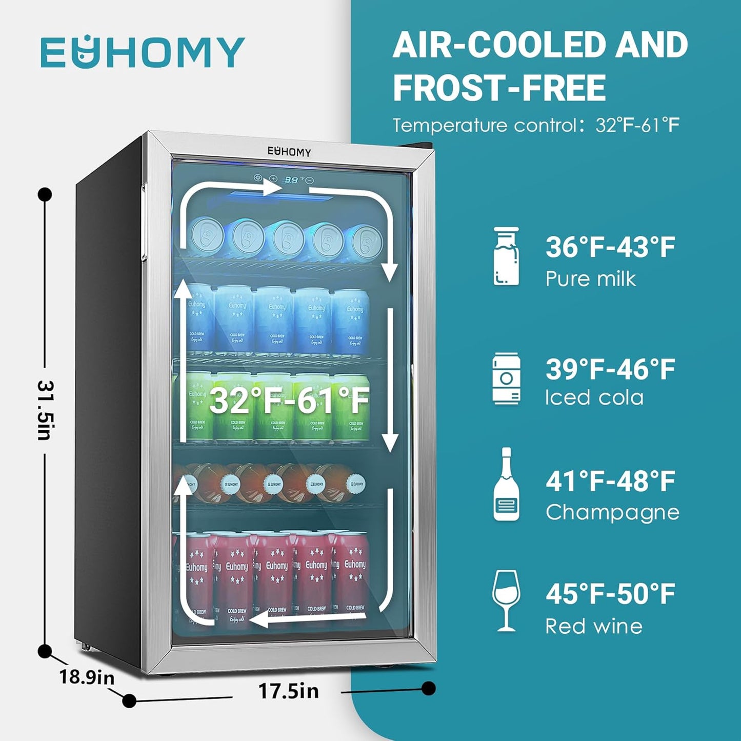 EUHOMY Beverage Refrigerator Cooler, 130 Can Mini Fridge with Glass Door for Soda Beer or Wine, Beverage Cooler for Home, Office, Bar with Adjustable Removable Shelves, Silver