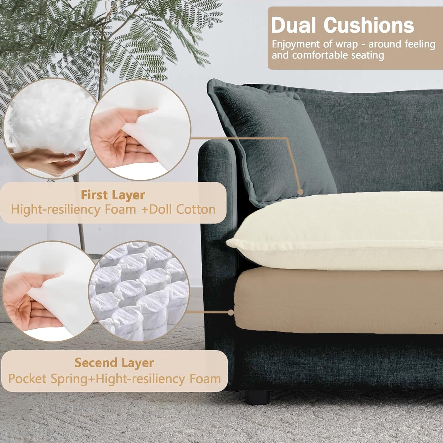 Sectional Sofa 4 Seater with Movable 2 Ottomans,Oversized Modular Couch Deep Seat (Grey, 146.5 inch-U)