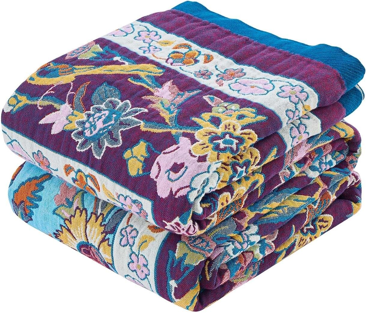 Fall Blanket for Bed, 100% Cotton Soft Rustic Boho Throw Blanket Quilt, 80"x90" Farmhouse Decor Bed Flower Blankets, Light Weight Reversible Bohemian Throw Quilt