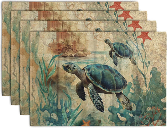 Sea Turtle Placemats Set of 4 Summer Beach Seasonal Linen Table Mats 12x18 Inch Vintage Ocean Animal Heat Resistant Washable Non-Slip Place Mats for Party Kitchen Dining Decoration