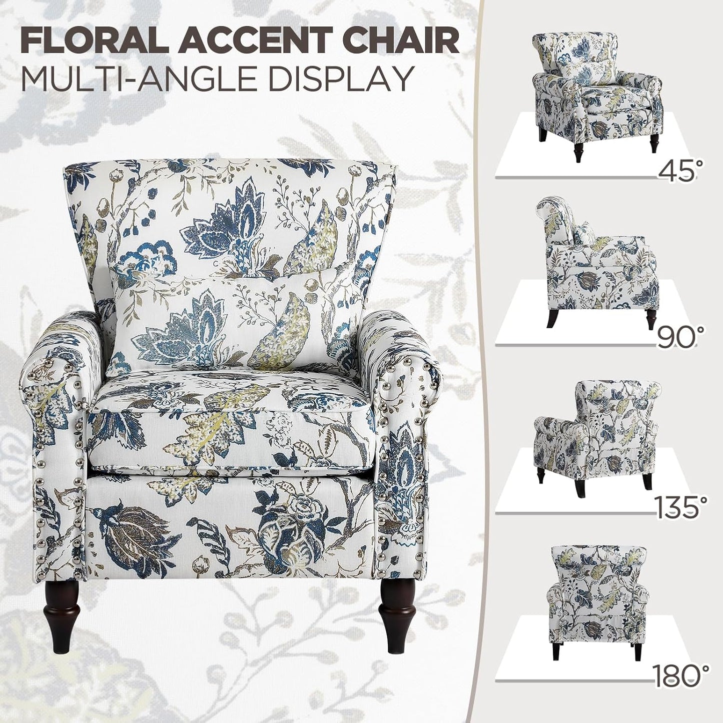 Wingback Accent Chair with Removable Pillow, High Back Floral Armchair with Solid Wood Legs & Nailhead Trim, Comfy Upholstered Reading Single Sofa Chair for Bedroom (1, Blue Floral Pattern)