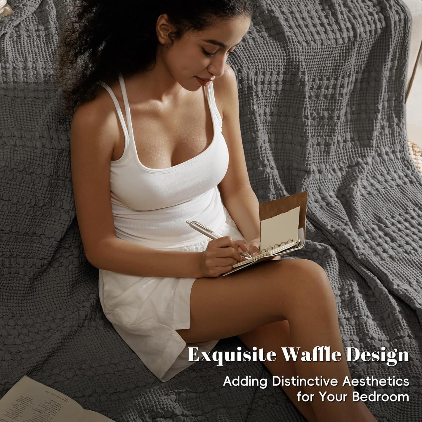 PHF 100% Cotton Waffle Weave Blanket Twin Size, Soft Lightweight Breathable Cozy Summer Blankets for Bed, Luxury Aesthetic Woven Bedding for Home Decor, 66"x90", Charcoal Grey