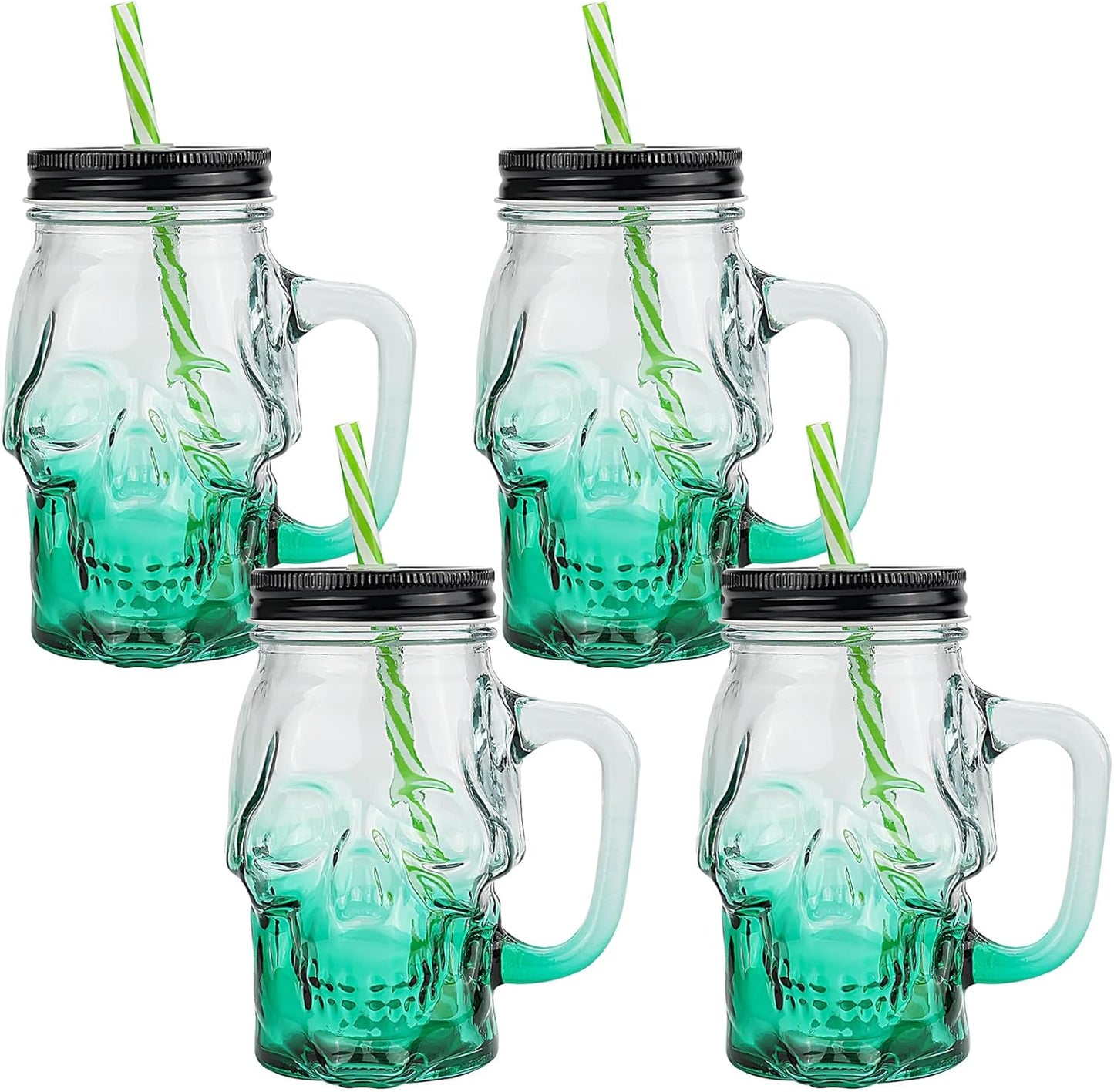 Halloween Cups Set of 4 - Green Skull Glass Drinking Jar with Lids and Straws - Halloween Decor, Drinking Glasses 16 oz
