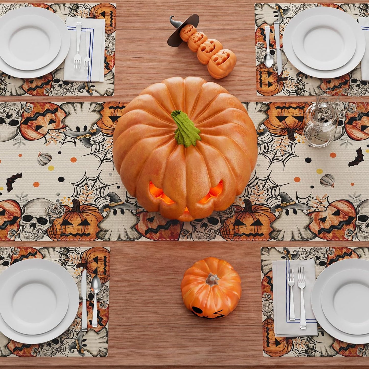 XCHI Spooky Skeleton Ghost Pumpkin Halloween Table Runner Party Table Decoration for Home Kitchen Dining Holiday Decor 13x90 Inch