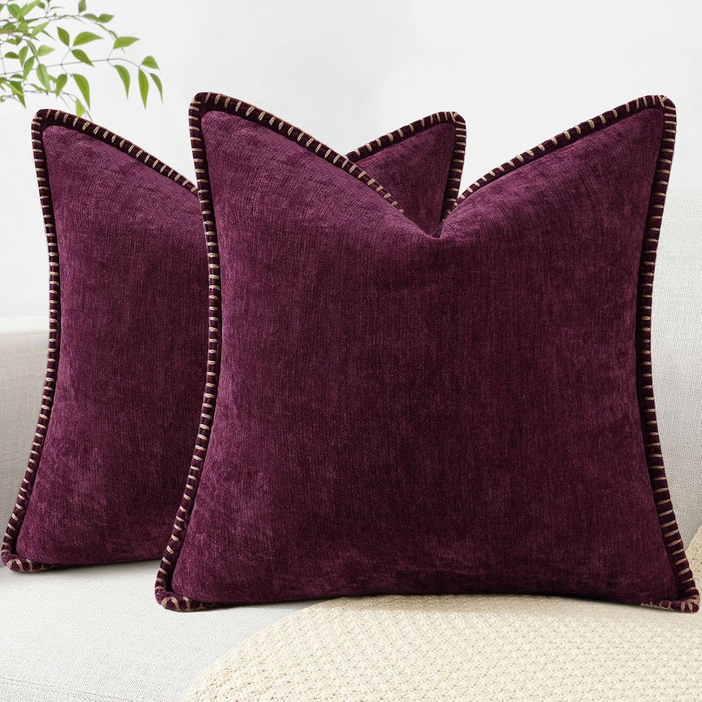decorUhome Chenille Soft Throw Pillow Covers 16x16 Set of 2, Farmhouse Velvet Neutral Decorative Euro Pillow Covers with Stitched Edge for Couch Sofa Bed Home Decor, Rhododendron