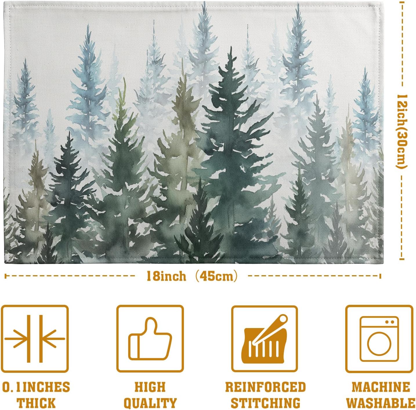 Watercolor Dark Green Tree Table Mats Set of 4 Rustic Nature Forest Pine Tree Placemats Seasonal Winter Holiday Place Mat Farmhouse Washable Linen Placemat for Dining Table Kitchen Christmas Decor