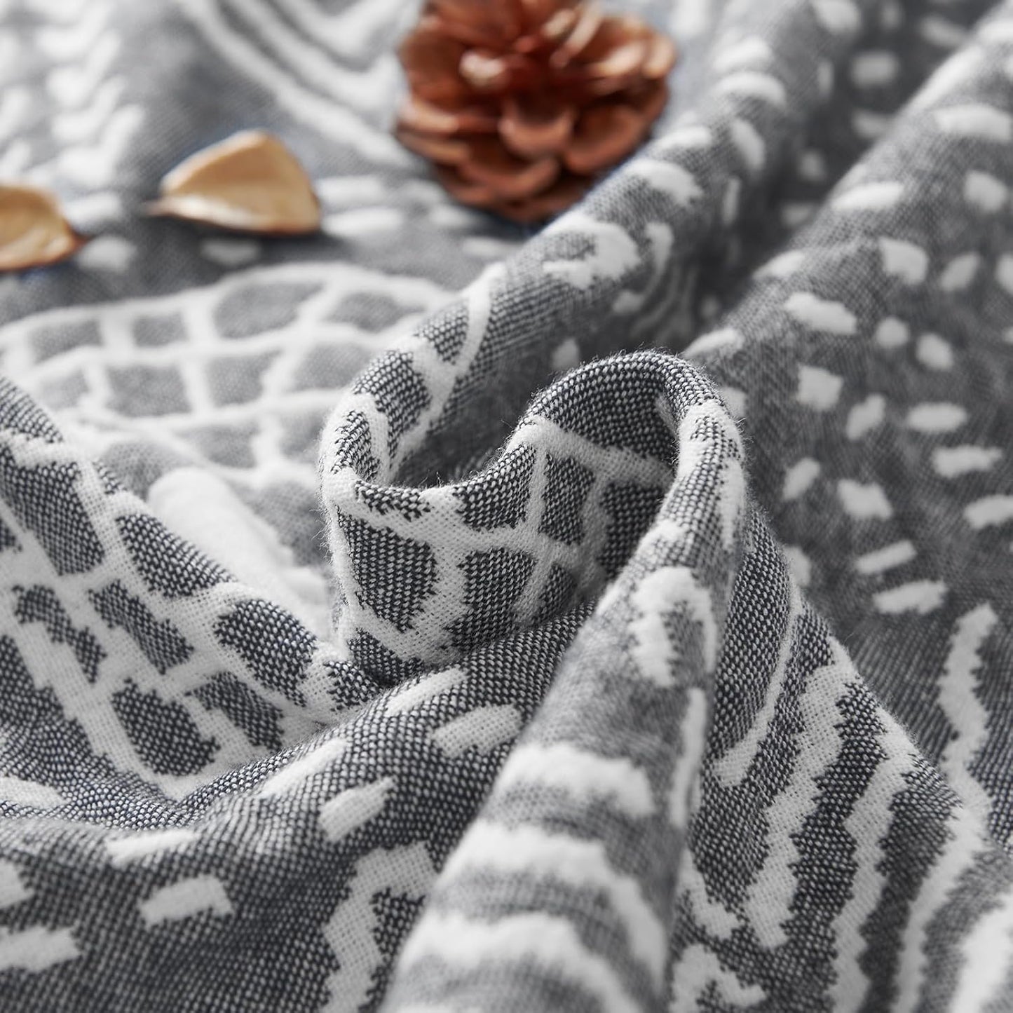 JINCHAN Boho 100% Cotton Muslin Blanket 3-Layer Twin Size Geometric Lightweight Reversible Soft Cozy Throw for Couch Sofa Bed All Season Coverlet Ideal Gift Bedroom Living Room Decor Grey 60x80 Inches