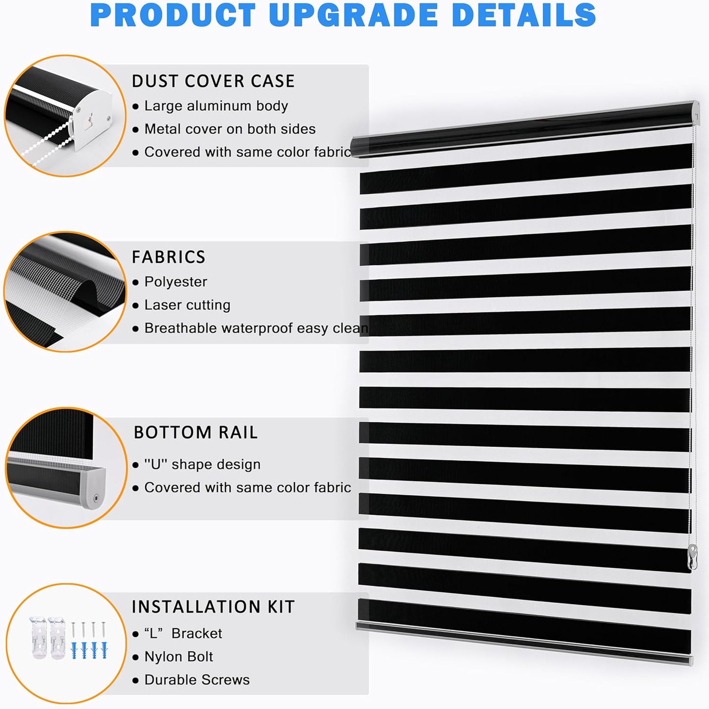 Blackout Zebra Blinds, Dual Layer Free-Stop, Room Darkening Zebra Shades, Blinds for Indoor Windows, Light Filtering Privacy Sheer Shade for Home(37" W X 72" H, Black)