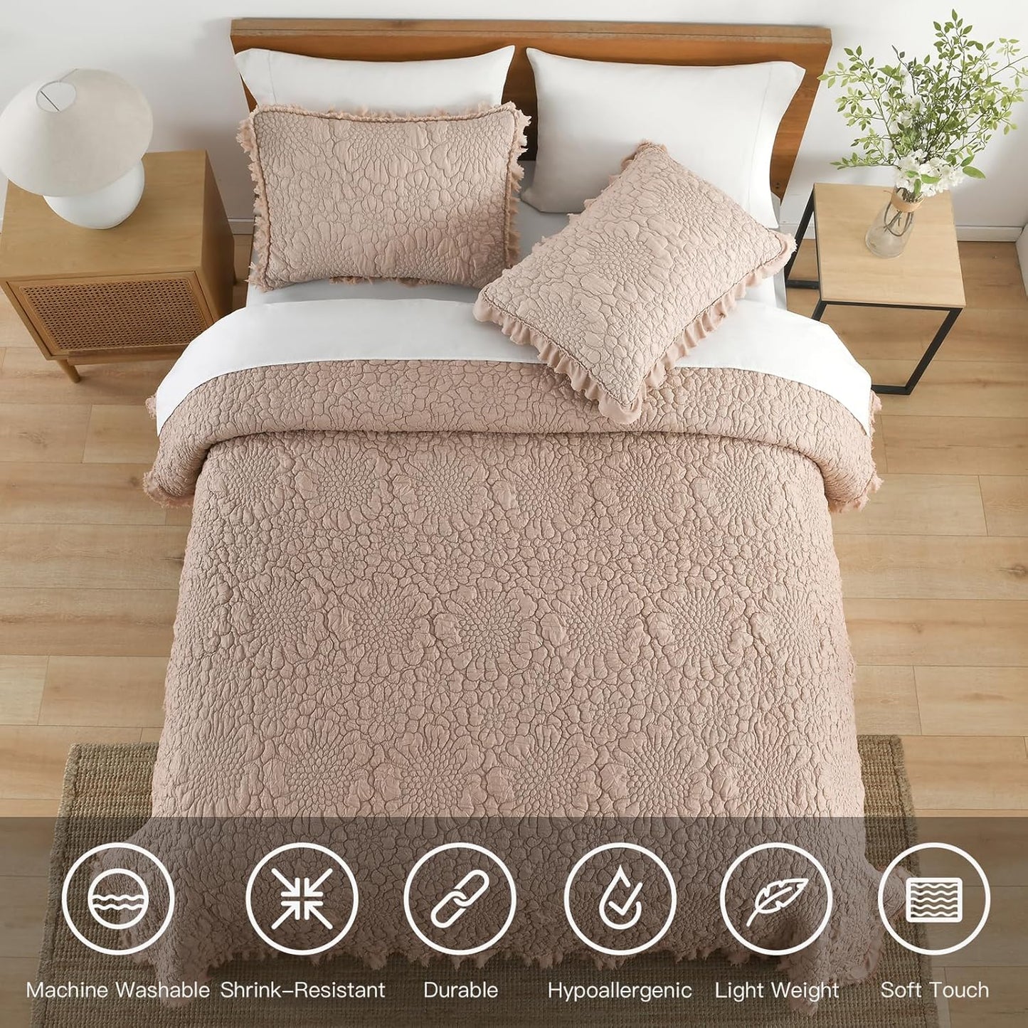 HORIMOTE HOME Pinkish Grey Ruffled Quilt Queen Size, Stone-Washed Lightweight Crinkled Farmhouse Rustic Shabby Chic Bedding Set, 3 Pieces Reversible Bedspread with Pillow Shams for All Season