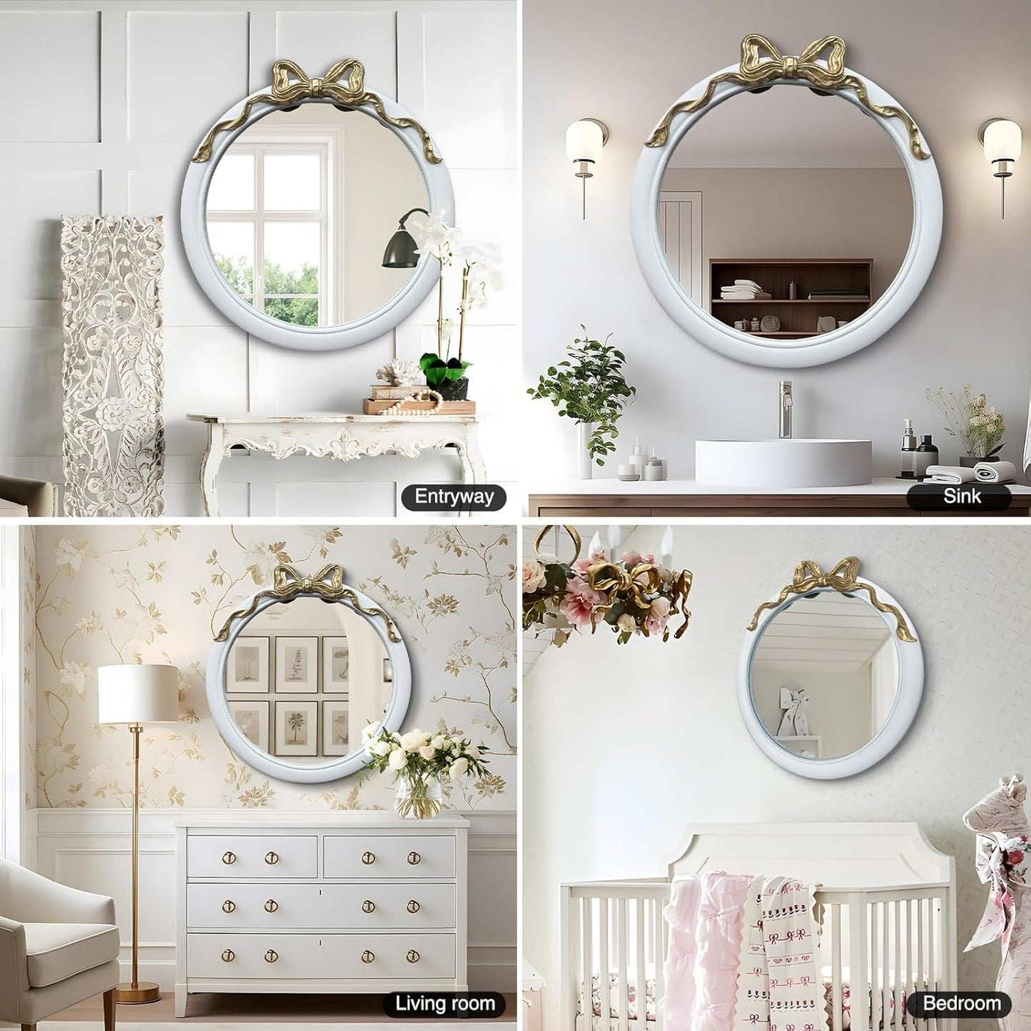 28 inch Round/Circle Wall Mirror, Vanity Bow Mirror for Wall Decor, Decorative Antique White&Gold Bathroom Mirrors, Traditional Art Home Decor for Dressing Table, Living Room, Bedroom