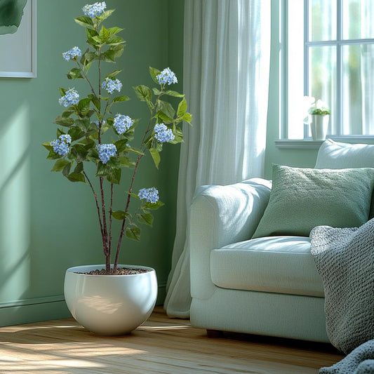 Fake Plants Home Decor Artificial Plants Outdoor Hydrangea Artificial Plants Indoor Fake Tree Living Room Decor Artificial Tree Porch Decor Fiddle Leaf Fig Tree 6Ft (Blue)