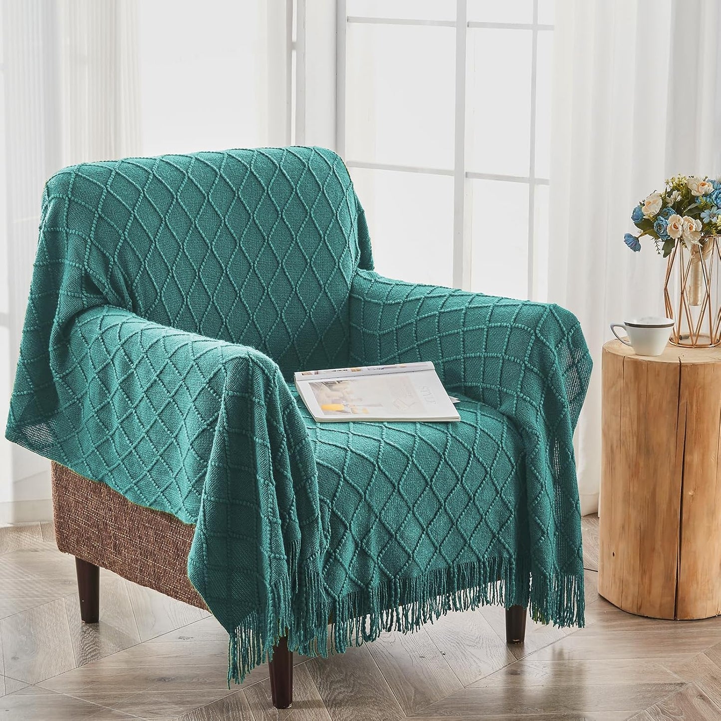 inhand Knitted Throw Blankets for Couch and Bed, Soft Cozy Knit Blanket with Tassel, Blue Lightweight Decorative Blankets and Throws, Farmhouse Warm Woven Blanket for Men and Women, 50"x60"