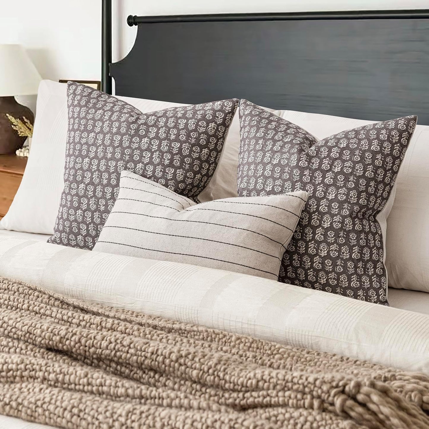 Foindtower Set of 2 Decorative Vintage Floral Print Throw Pillow Covers Neutral Modern Farmhouse Cushion Covers Boho Home Decor for Sofa Couch Chair Bedroom Living Room Outdoor,24×24 Inch,Rustic Gray