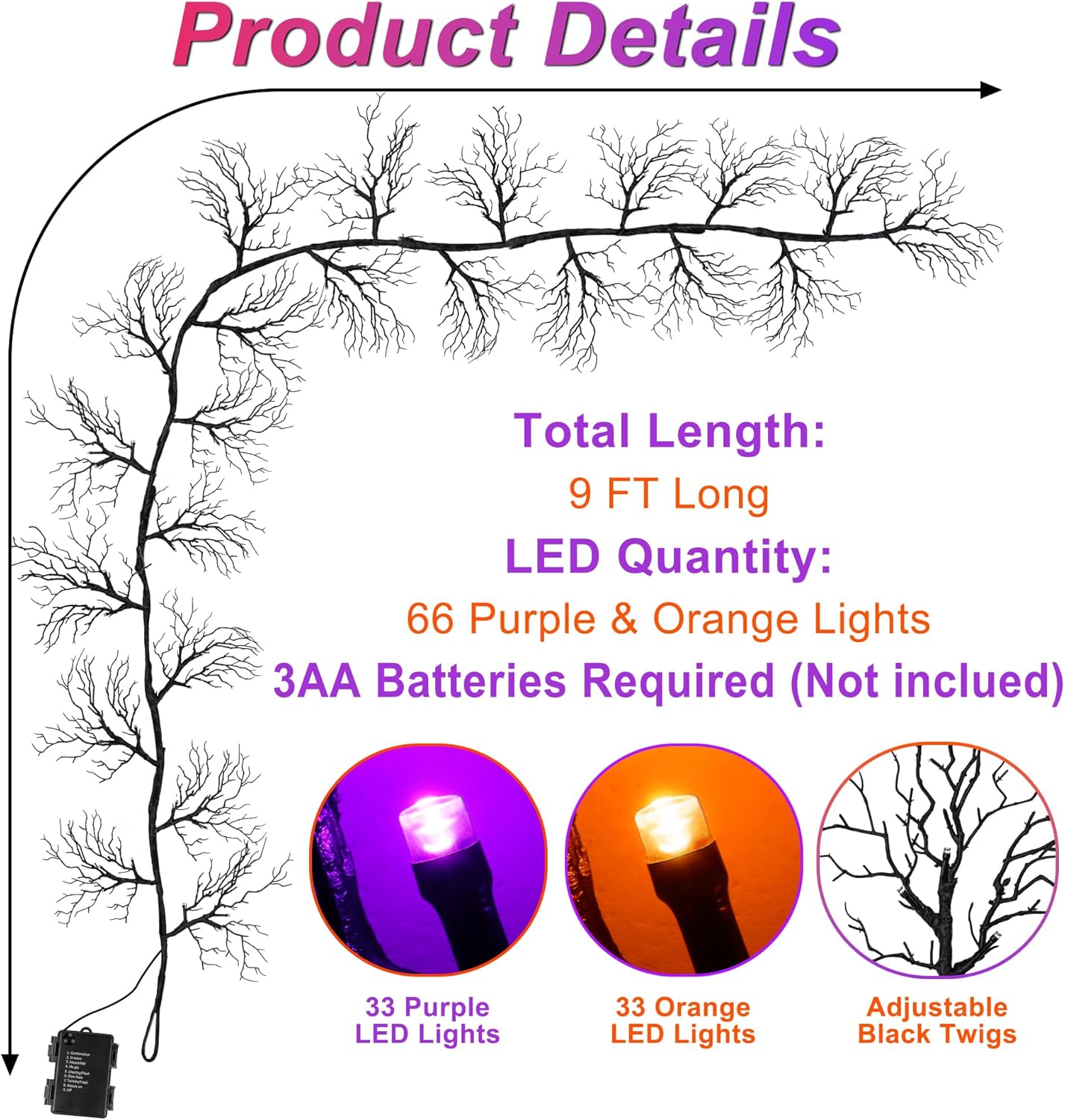 9 FT 66 LED Willow Vine Twig Decor Black Halloween Garland with Orange Purple Lights, Timer 8 Modes Waterproof Battery Operated Indoor Halloween Decorations for Wall Fireplace Mantle Home Office Decor