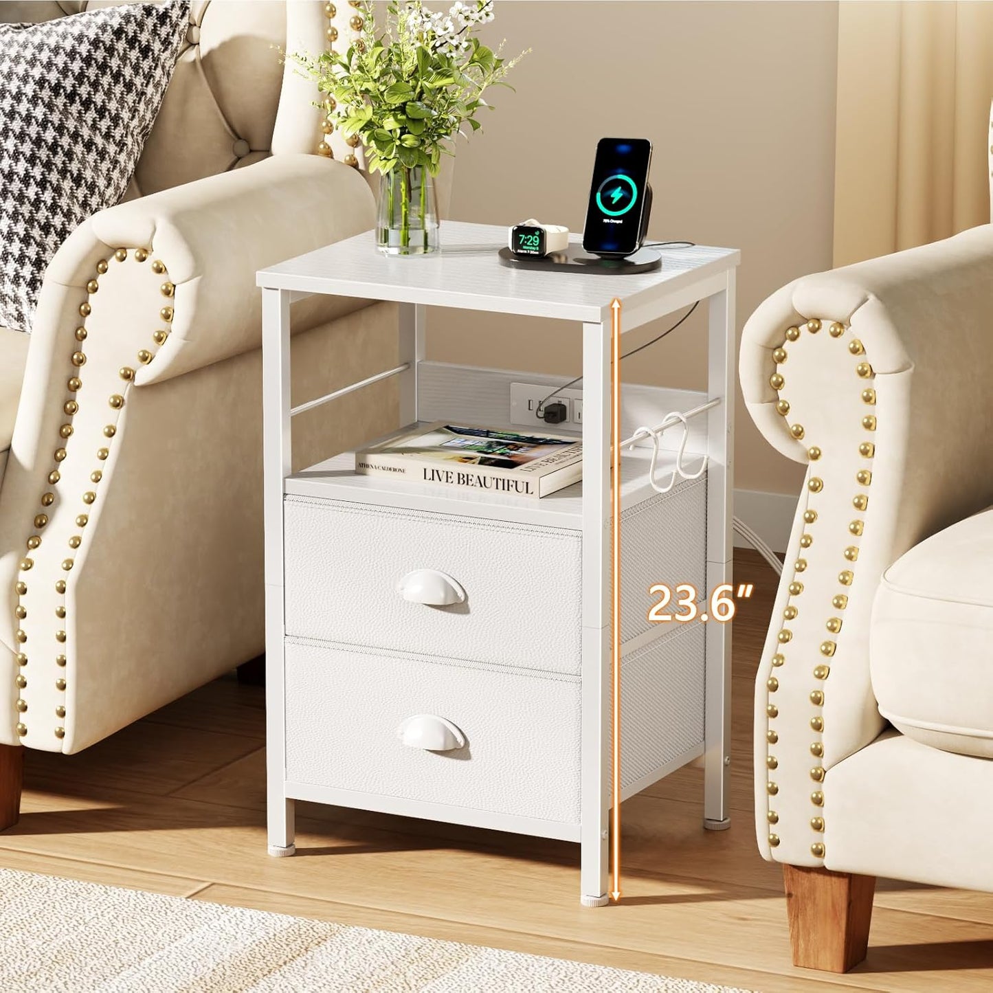 Furologee Nightstands Set of 2, Night Stands with Charging Station, Side Tables with 2 Fabric Drawers, End Tables with Storage Shelves, for Bedroom, White