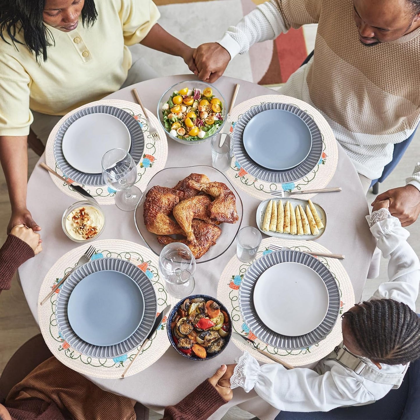 Whaline 4Pcs Round Fall Placemats Pumpkin Embroidered Place Mats Autumn Dinner Table Mats for Home Harvest Thanksgiving Holiday Party Decor