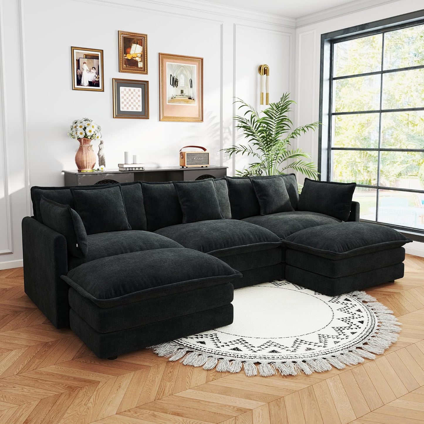 Sectional Sofa 3 Seater with Movable 2 Ottomans,Oversized Modular Couch Deep Seat (Black, 111.5 inch-U)