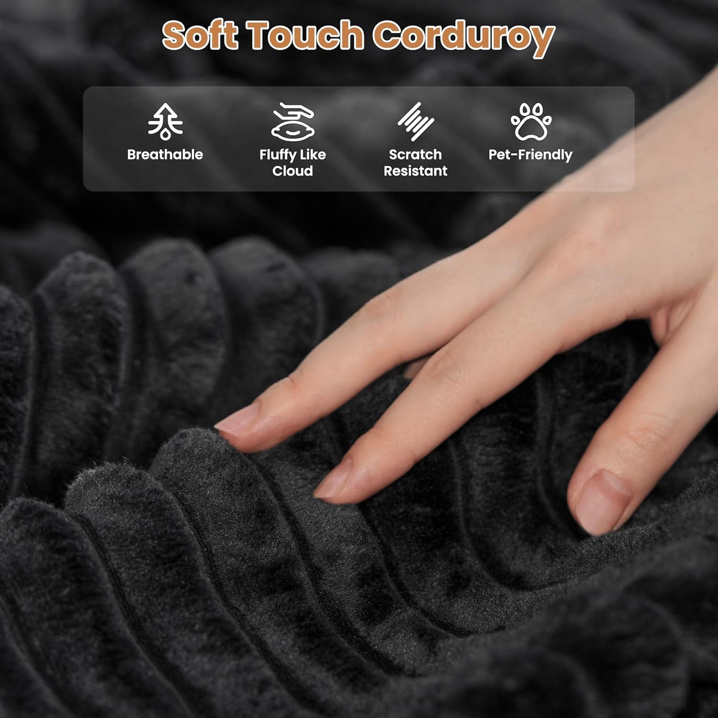 ovios Sectional Sofa Couch with L-Shape Chaise Sofa Bed, Comfy Modular Cloud Couches with Deep Seat, Modern Upholstered Plush Corduroy Sofas Set for Living Room, 5-Seater, Black