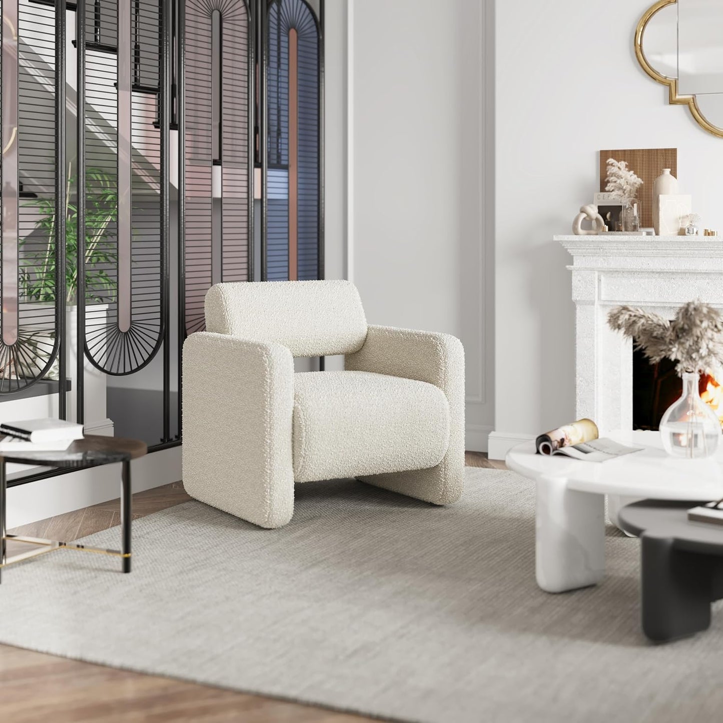 Accent Chair, Modern Boucle Fabric Armed Chair, Comfortable Single Sofa Chair for Living Room, Solid Wood Frame, Comfy Side Chair for Bedroom, Office, Reading (Beige)