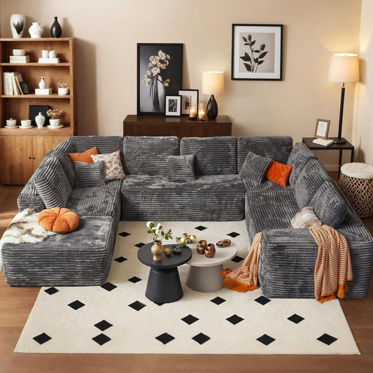 HOOOWOOO Cloud Sectional Couches for Living Room,Modular Sectional Sofa No Assembly,136X108 Inch Plush Corduroy Large U Shaped Floor Couch Set with Deep Seat Ottoman(Gray)