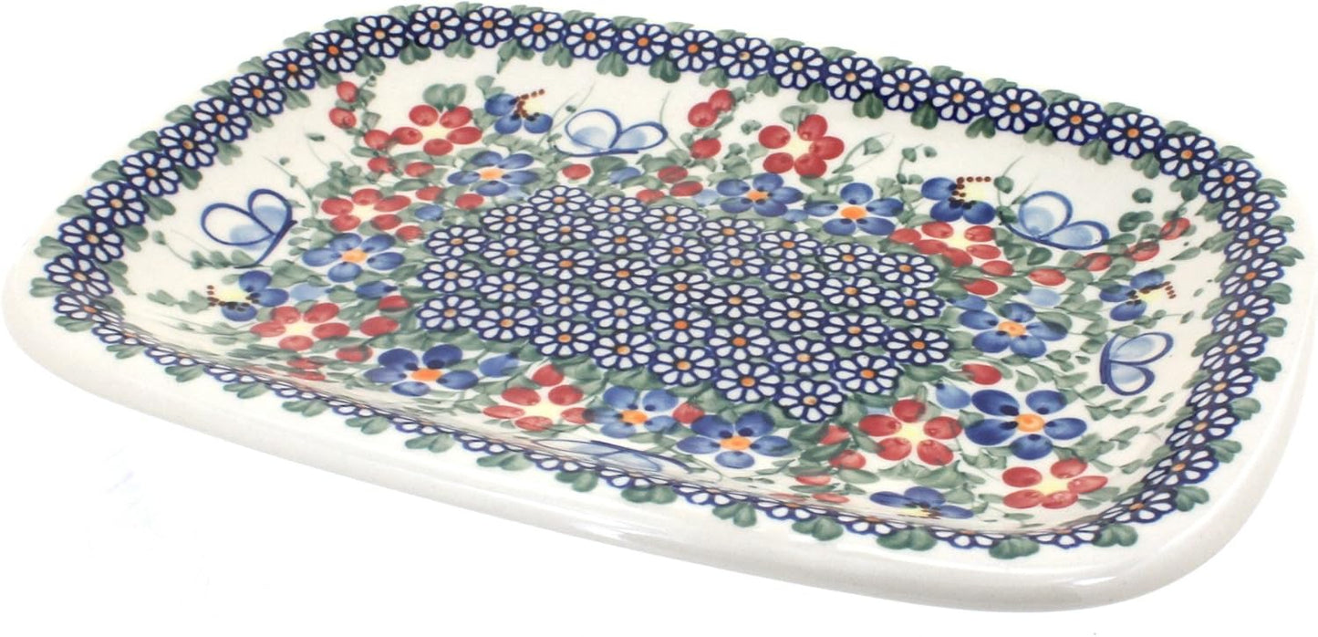 Blue Rose Polish Pottery Garden Butterfly Medium Rectangular Serving Platter