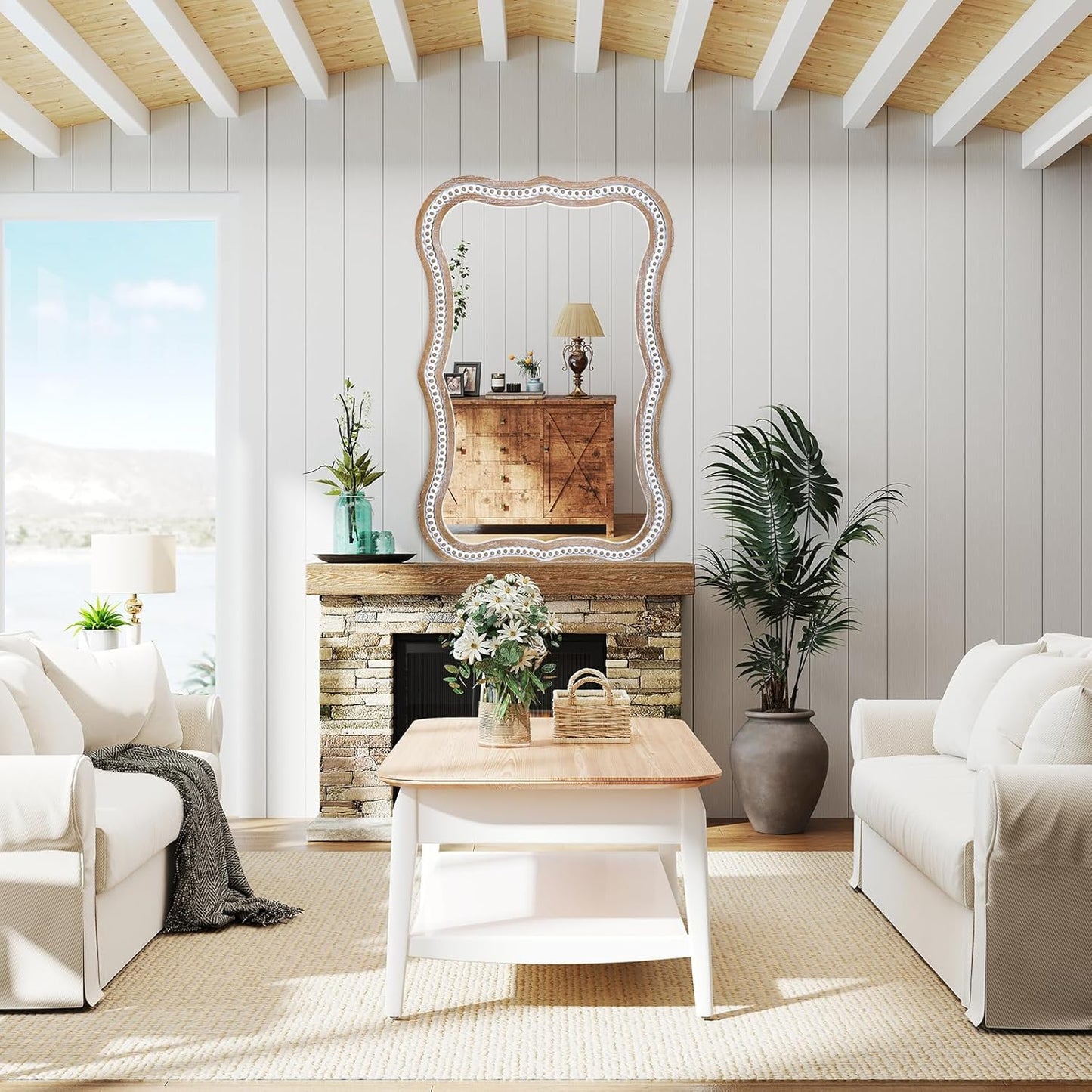 35" x 24" Rustic Farmhouse Mirror for Wall Decor, Wooden Beads Decorative Mirrors for Living Room, Bedroom, Hallway, Bathroom, Entryway - Vertical or Horizontal Hanging