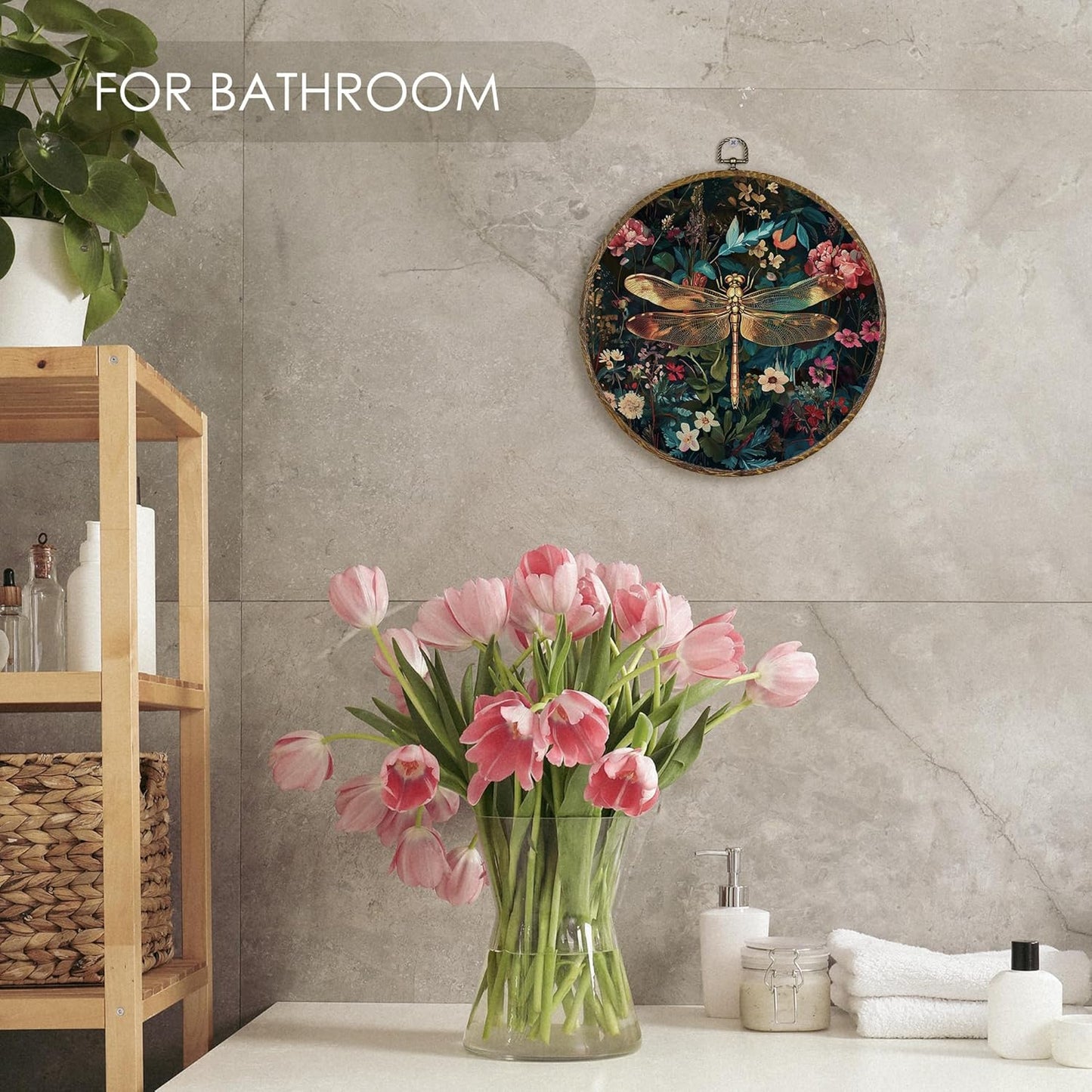 Fewgb Vintage Dragonfly Round Wall Art Decor Framed for Gallery Bedroom Living Room Kitchen Bathroom, Dark Black Floral Canvas Wall Art Prints Picture, Flower Hanging Room Decor Artwork 10x10