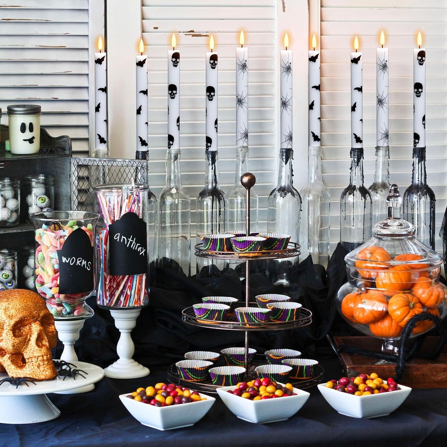 GenSwin Flameless Taper Candles with Remote Timer, 6Pcs LED Flickering Taper Candles Battery Operated Real Wax with Spider Webs/Skull/Bats Decals for Halloween Spooky Decoration (White, 0.78”x9.65”)