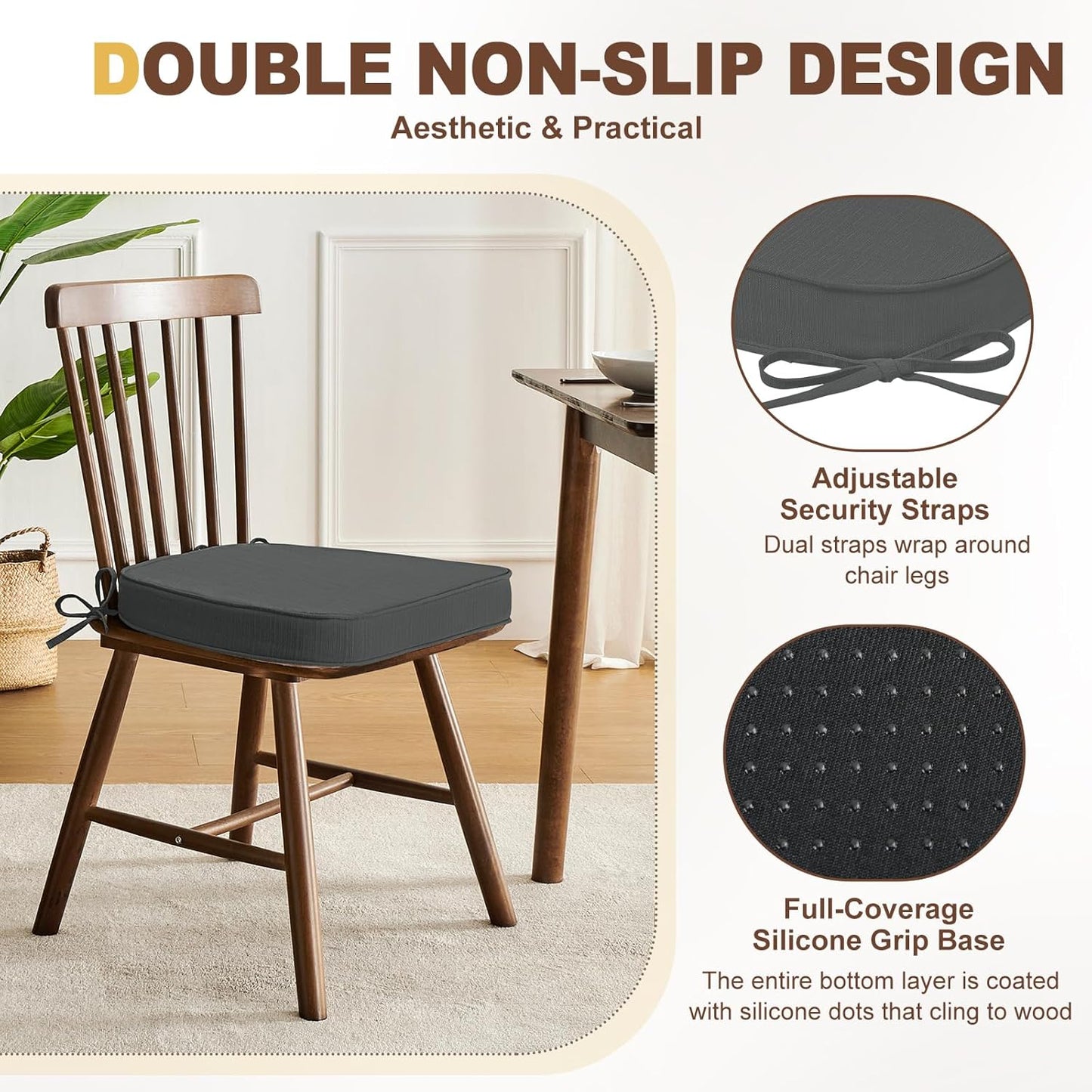 downluxe Chair Cushions for Dining Chairs, Waterproof Kitchen Chair Pads, Non-Slip Dining Seat Cushion with Ties, 17" x 16" x 2.5", Dark Grey, 4 Pack