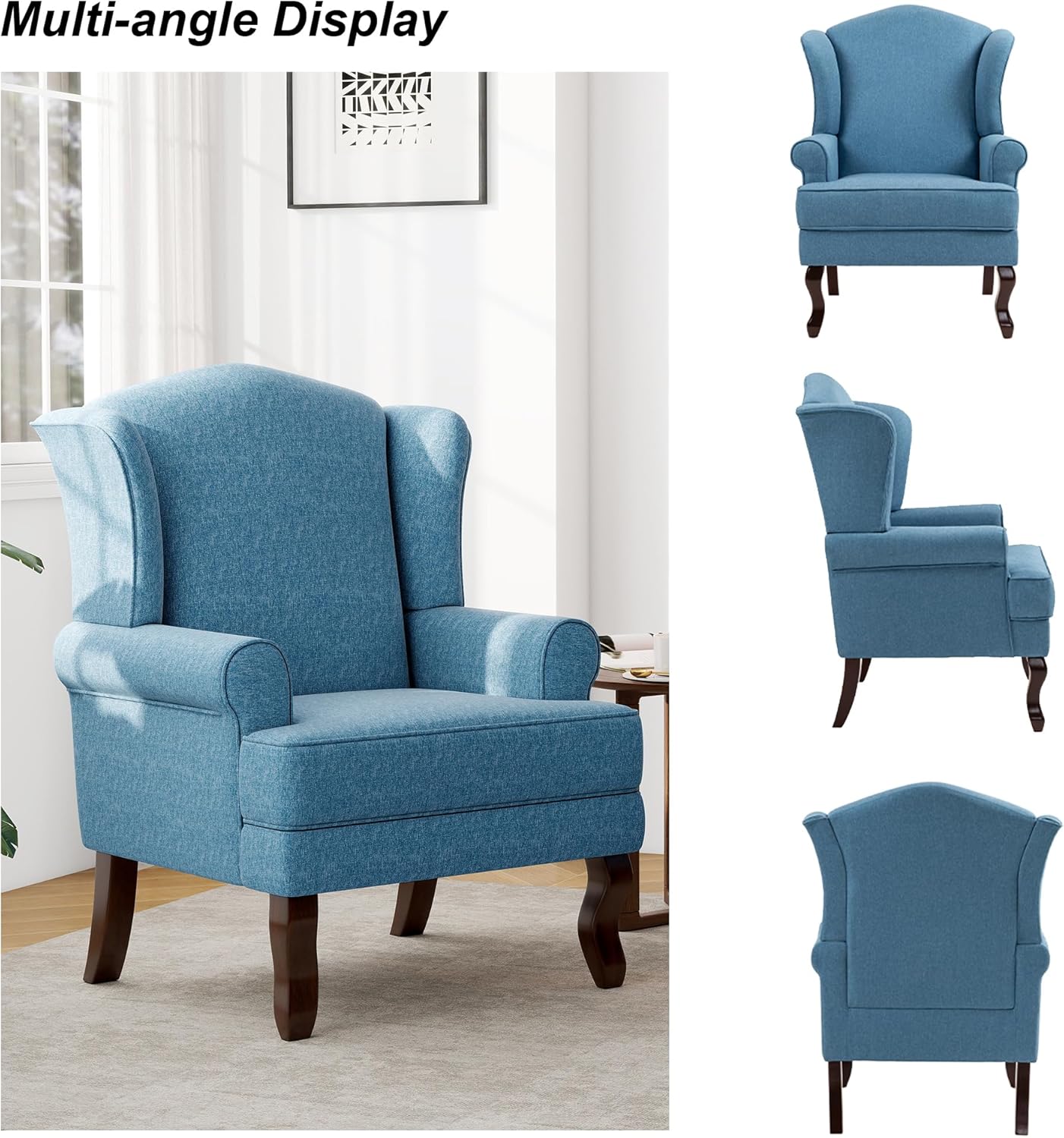 Accent Chair, High Back Upholstered Armchair with High Resilience Sponge & Wood Legs, Mid-Century Modern Comfy Single Sofa Reading Chairs for Living Room, Bedroom (Blue, Set of 1)