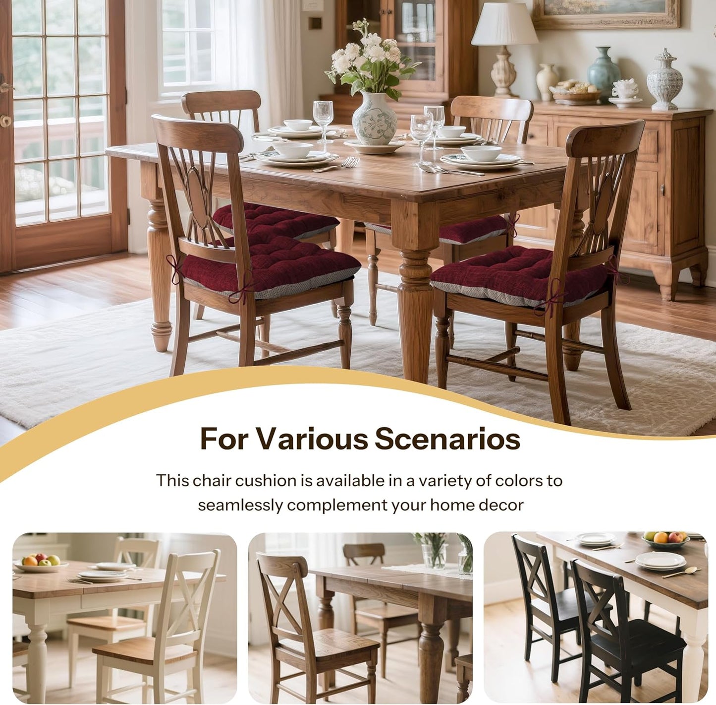 Non Slip Chair Cushions for Dining Chairs Set of 4 Kitchen Chair Cushions 18"x18"x3" Turfted Chair Pads Comfortable and Soft Seat Cushion with Ties, Burgundy