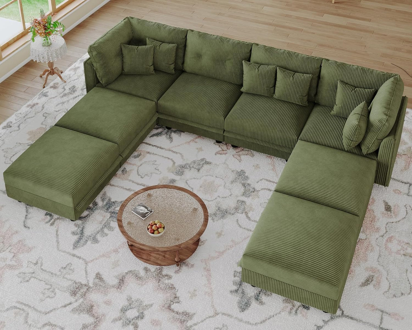 LLappuil Modular Sectional Sofa with Storage Seats, Corduroy Convertible Modular U Shaped Sectional Couch for Living Room, 8 Seat Oversized Sofa with 6 Back Cushion 6 Throw Pillow, Green