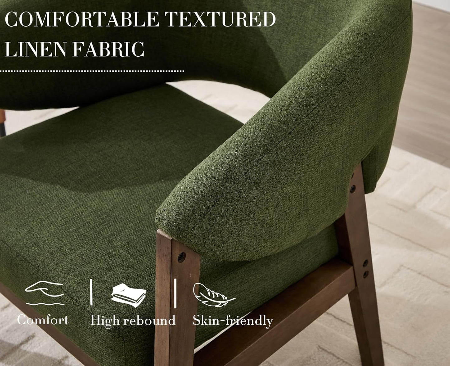 Mid-Century Modern Accent Chairs Set of 2, Comfy Barrel Armchairs with Wide Seat, Upholstered Lounge Chairs with Walnut Wood Legs for Living Room/Bedroom/Reading Corner, Linen Fabric, Deep Green