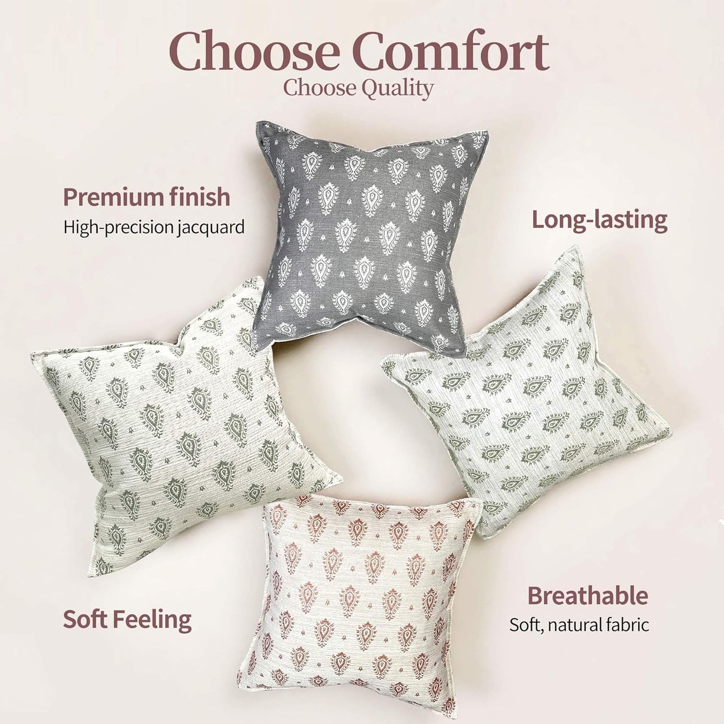 Floral Throw Pillow Covers 20x20 Set of 2, Dark Grey Decorative Pillow Covers Neutral Faux Linen Cotton Blend, Vintage Look for Couch, Sofa, Bed, Living Room