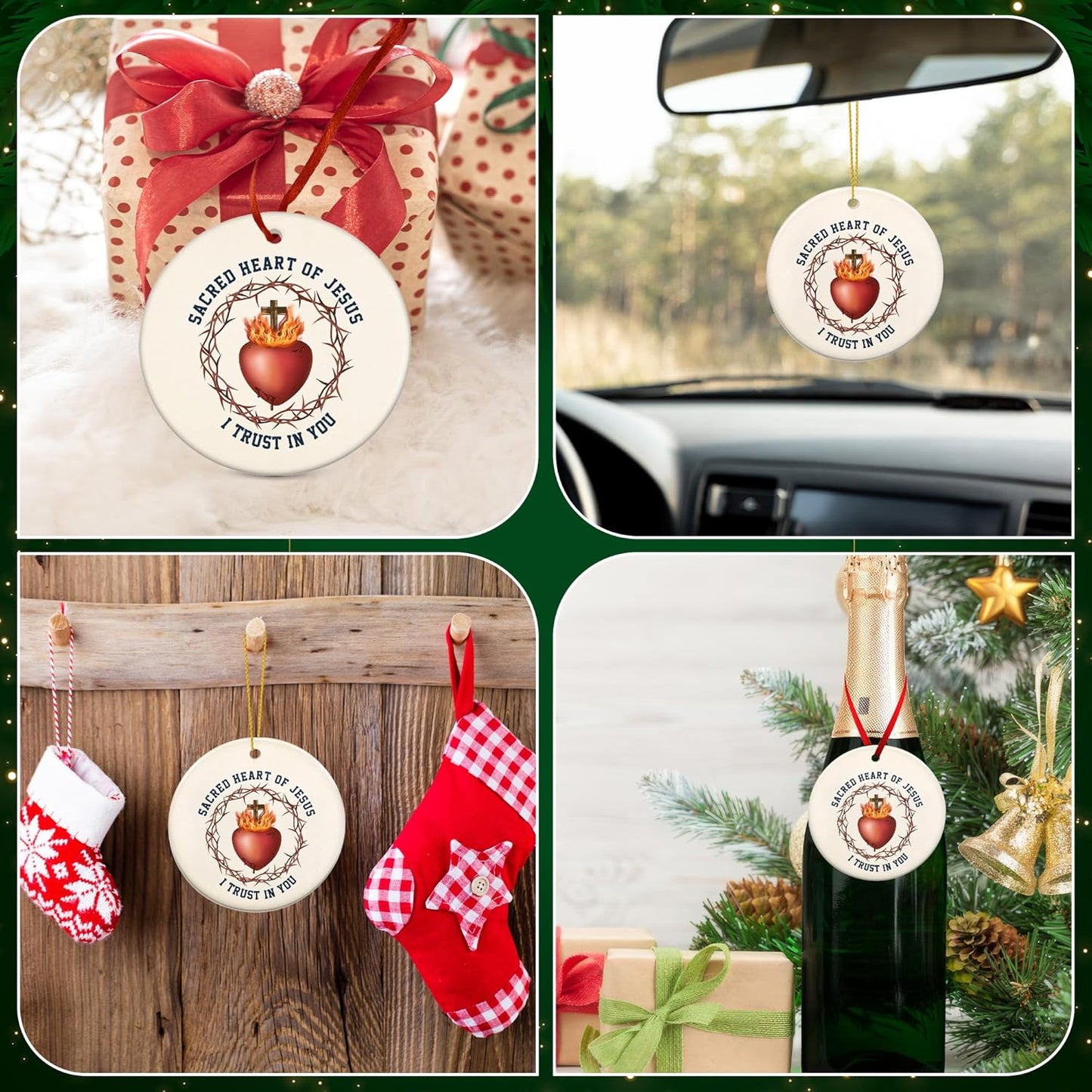 FLAGWIX Christian Gifts for Women Men - Sacred Heart Ceramic Christmas Ornaments 2025 for Tree Decorations - Religious Gifts for Women, Religious Christmas Ornaments, Spiritual Christian Gift Ideas