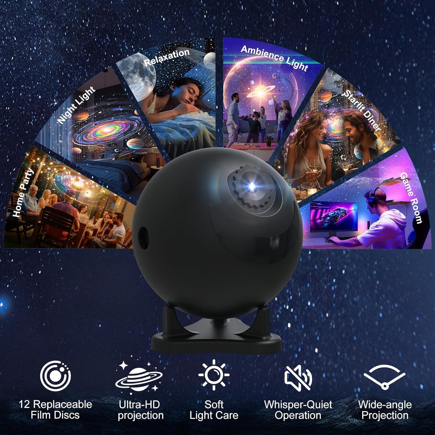 Galaxy Star Projector Night Light, 12 Film Discs, Ultra HD Projection, Whisper-Quiet, USB Powered, Auto Shut-Off