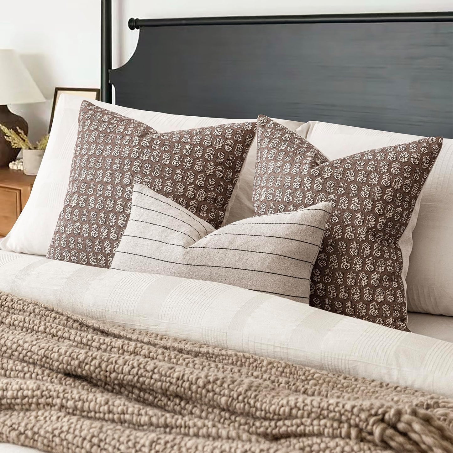 Foindtower Set of 2 Decorative Neutral Floral Print Throw Pillow Covers Vintage Accent Farmhouse Cushion Covers Boho Home Decor for Sofa Couch Chair Bedroom Living Room Outdoor,24×24 Inch,Brown