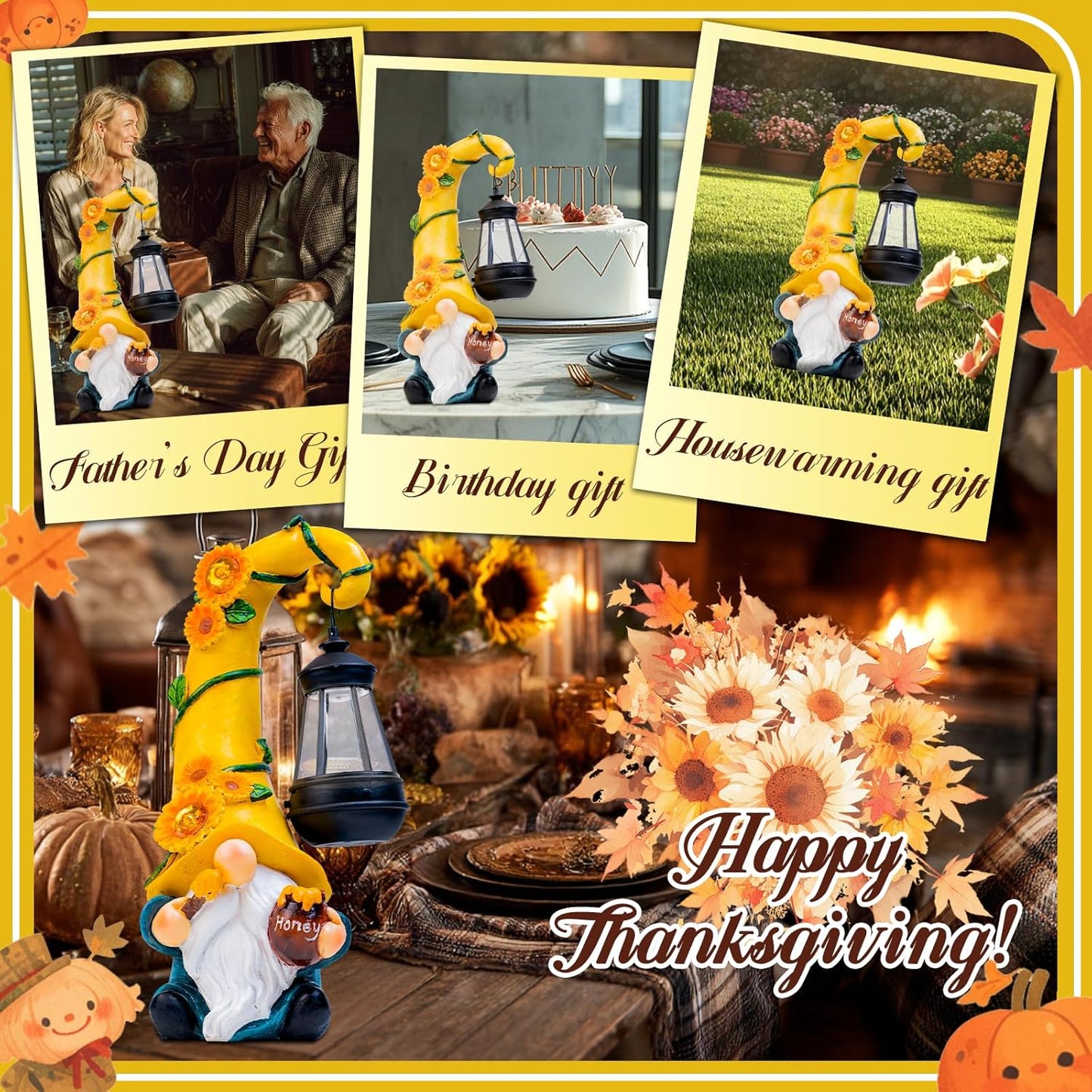 Fall Decorations for Home Porch 12" Solar Fall Gnome Sunflower Garden Statues Honey Bee Jar Decor with LED Lantern Outdoor Gnomes Decorations Patio Yard Balcony Art Birthday Gifts for Mom Grandma