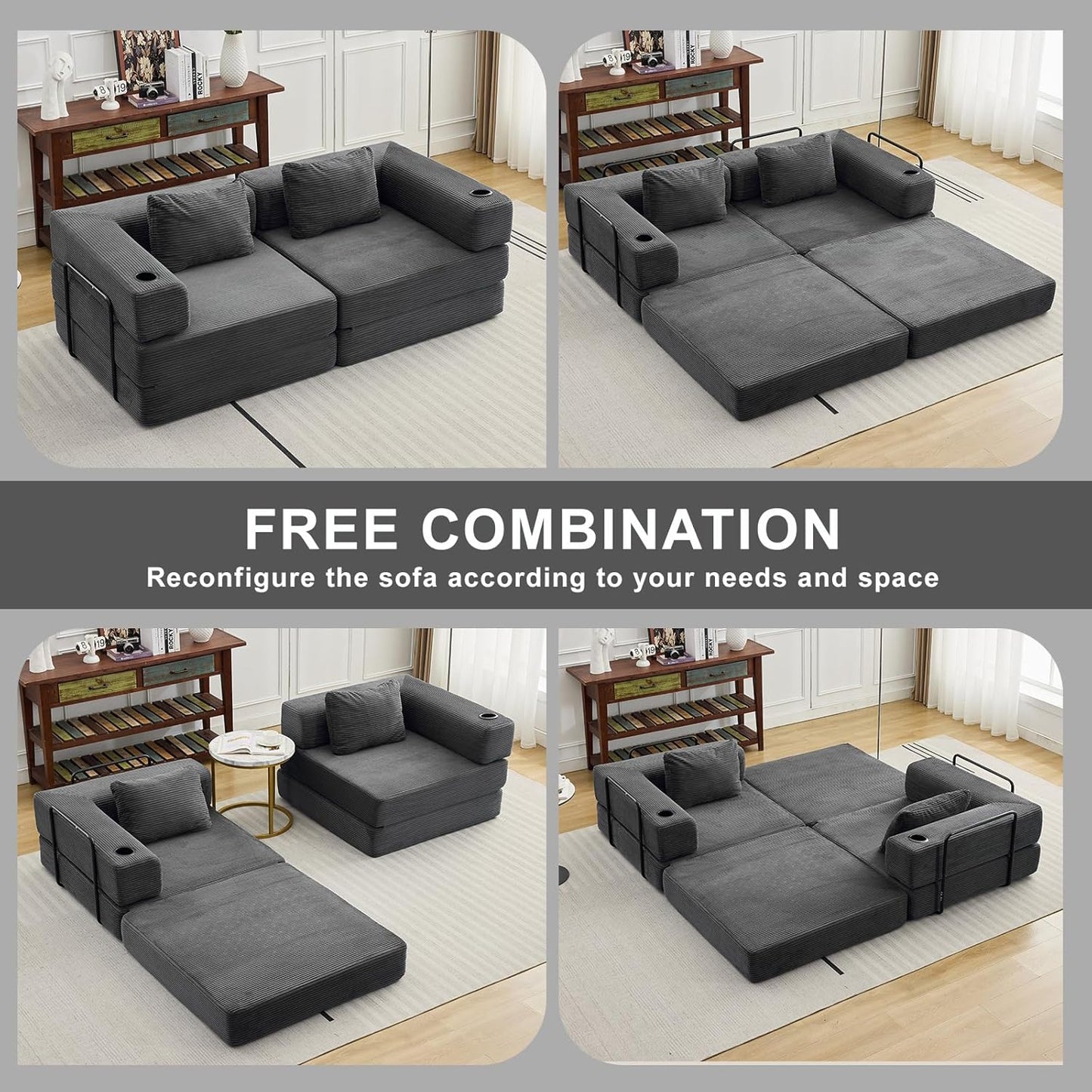 78" W Loveseat Sofa, 4 in 1 Convertible Floor Sofa Bed, Boneless Cloud Couch with Cup Holder, Fold Out Floor Couch, Loveseat Recliner Sleeper for Living Room Bedroom Lounge(Corduroy, White)