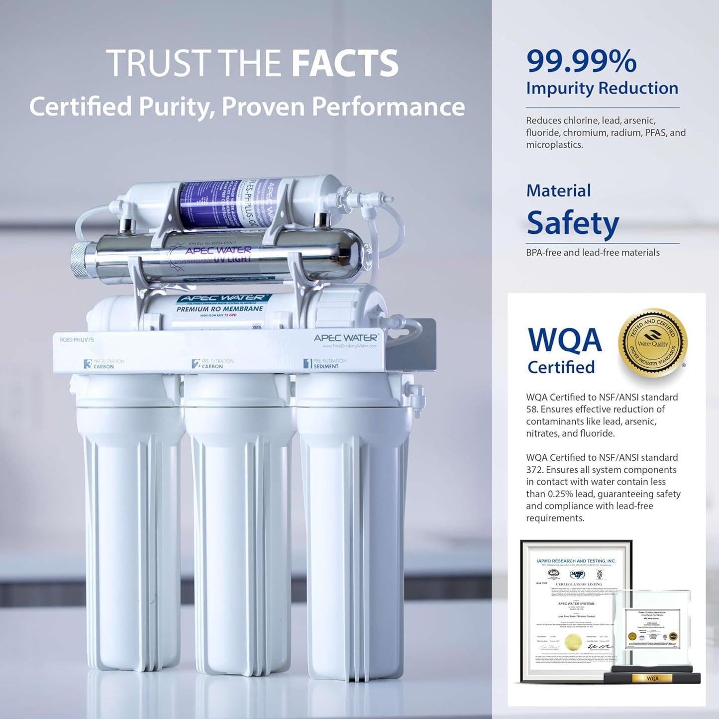 APEC Water System ROES-PHUV75 Essence Series Top Tier Alkaline Mineral pH+ and UV Ultra-Violet Sterilizer 75 GPD 7-Stage Ultra Safe Reverse Osmosis Drinking Water Filter System